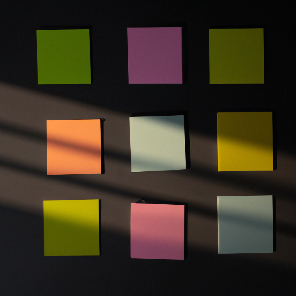 Color sticky notes arranged for time blocking on a minimal desk